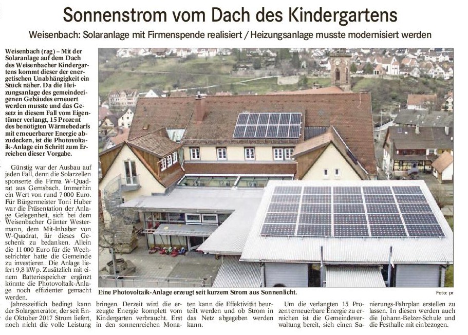 Sonnenstrom vom Dach des Kindergartens BT Samstag 21.01.2017 nur Artikel